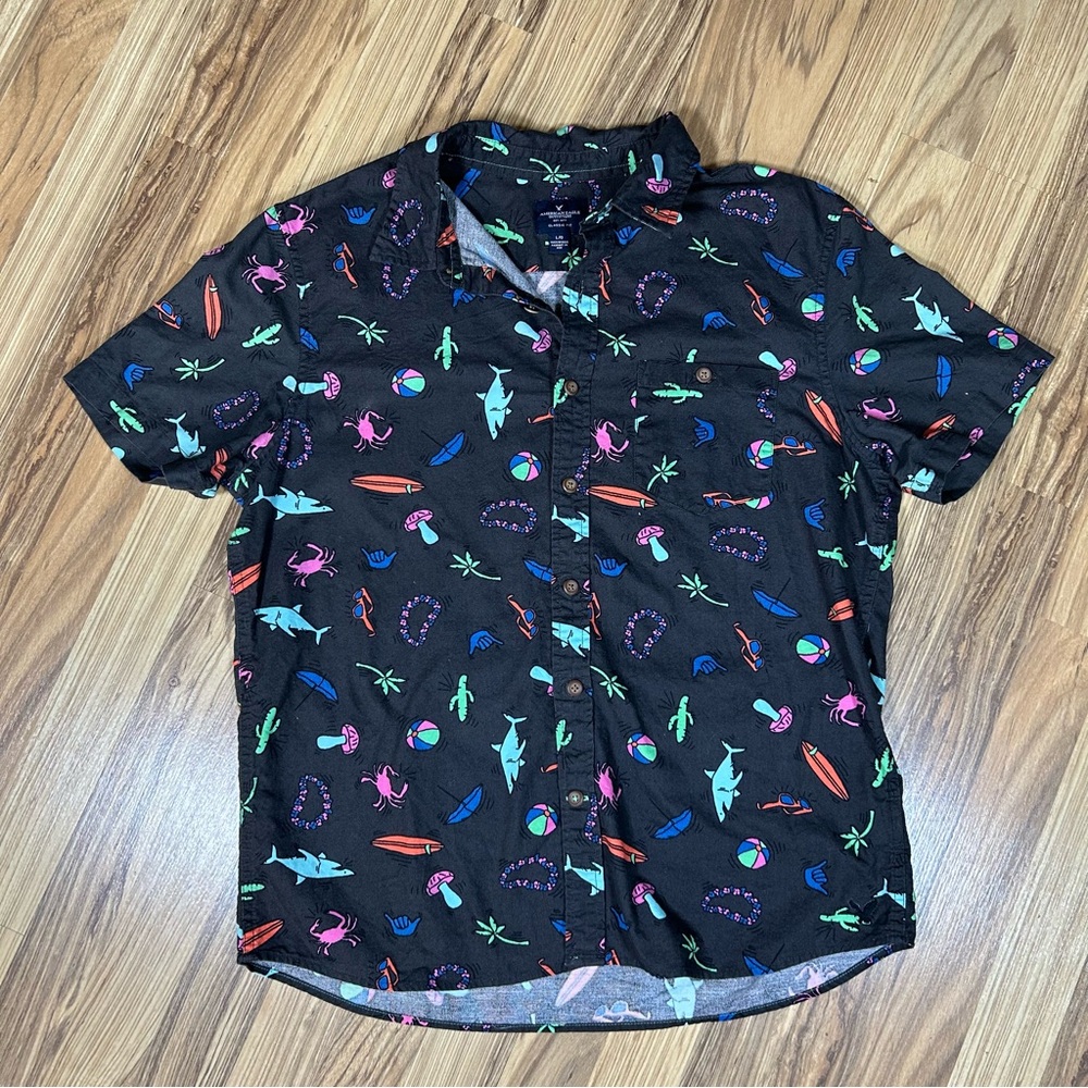 American Eagle Outfitters Men Shirt Size L/G Black Fun Print Short Sleeve